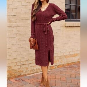 MEROKEETY V Neck Cable Knit Midi Sweater Dress. Size small